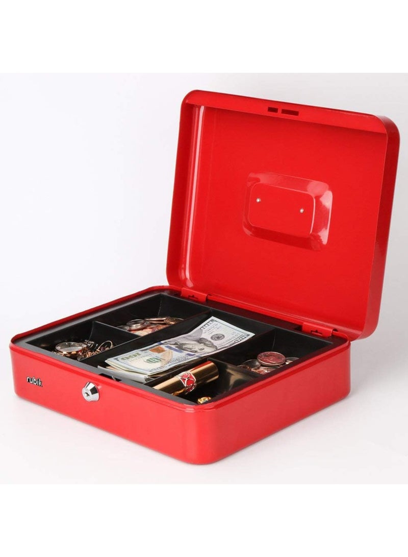 Rubik صندوق نقود كبير جدًا من الفولاذ مع صينية وقفل صندوق نقود محمول متين وآمن للفواتير والمجوهرات والإيصالات والعملات المعدنية (30 × 24 × 9 سم) أحمر - Image 1