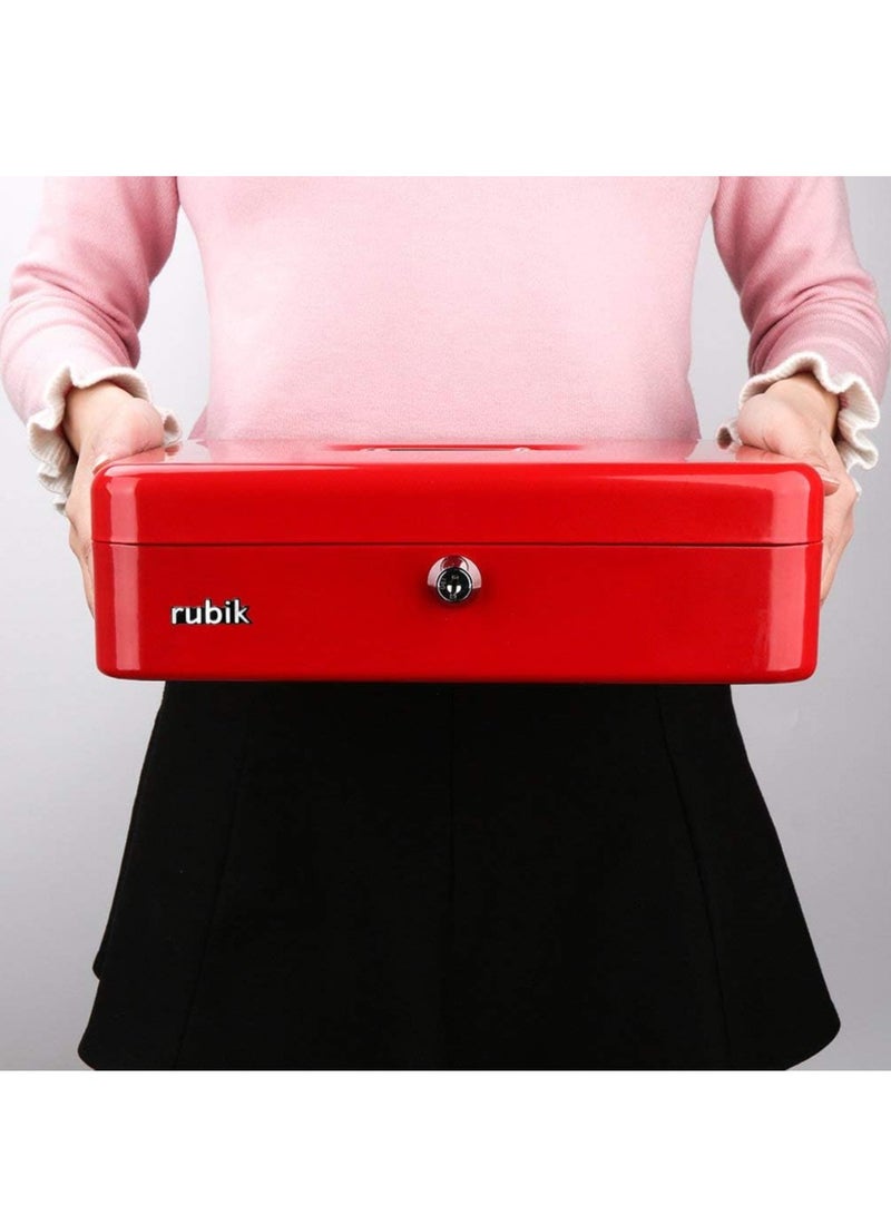 Rubik صندوق نقود كبير جدًا من الفولاذ مع صينية وقفل صندوق نقود محمول متين وآمن للفواتير والمجوهرات والإيصالات والعملات المعدنية (30 × 24 × 9 سم) أحمر - Image 3