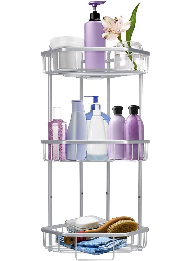 Raxoom Standing Free Shower Caddy, Rustproof Floor Caddy for Bathroom/Kitchen, 3-Tier Aluminum Corner Shower Rack No Assembly Required (Silver) - Image 1