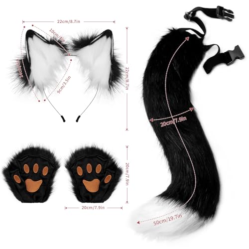 HAOAN Faux Fur Wolf Ears Headband Fox Tail and Paw Gloves Set Cosplay Halloween Costume Accessories - Image 2