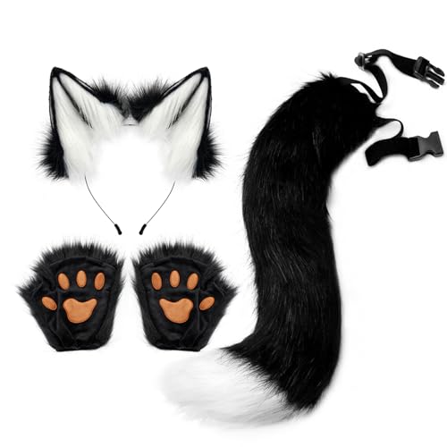 HAOAN Faux Fur Wolf Ears Headband Fox Tail and Paw Gloves Set Cosplay Halloween Costume Accessories - Image 1