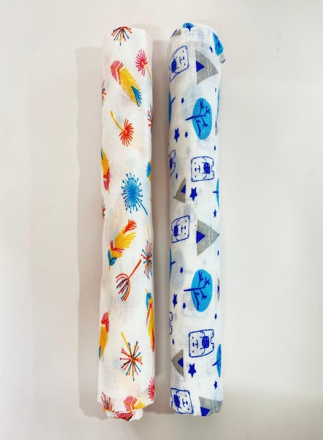 BUMSIES Swaddle for Babies -100% Muslin Cotton Soft Swaddle/Blanket/Multipurpose Wrap for New Born Baby Girl & Boy | Perfect for Gifting | 100x100 cm | 0-6 Months, Set of 2, (Bear & Feather Print) - Image 2