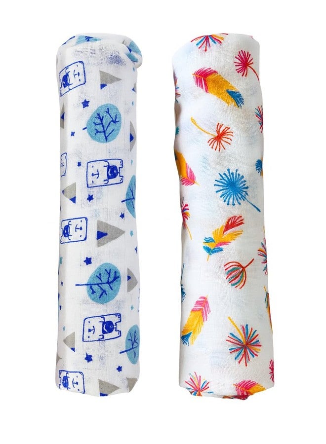 BUMSIES Swaddle for Babies -100% Muslin Cotton Soft Swaddle/Blanket/Multipurpose Wrap for New Born Baby Girl & Boy | Perfect for Gifting | 100x100 cm | 0-6 Months, Set of 2, (Bear & Feather Print) - Image 1