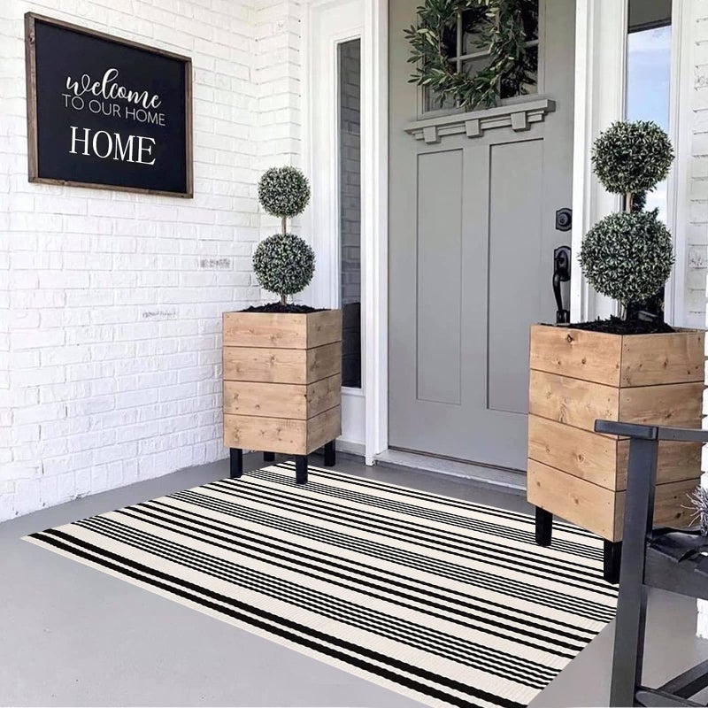 BUAGETUP Black and White Outdoor Rug 3'x 5' Cotton Woven Washable Rug Striped Front Porch Rug Area Rug Floor Mat for Farmhouse/Layered Door Mats/Living Room - Image 4