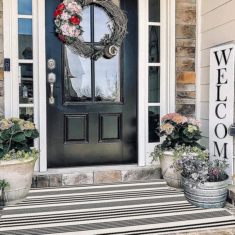 BUAGETUP Black and White Outdoor Rug 3'x 5' Cotton Woven Washable Rug Striped Front Porch Rug Area Rug Floor Mat for Farmhouse/Layered Door Mats/Living Room - Image 5