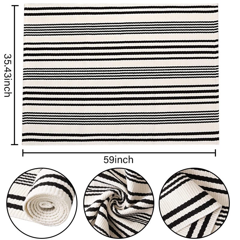 BUAGETUP Black and White Outdoor Rug 3'x 5' Cotton Woven Washable Rug Striped Front Porch Rug Area Rug Floor Mat for Farmhouse/Layered Door Mats/Living Room - Image 2
