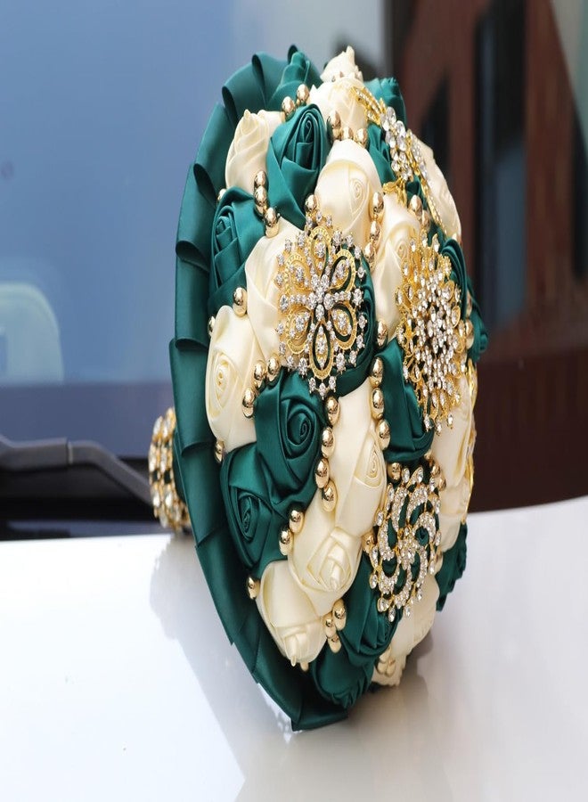 Gkvszy Emerald Green and Ivory Gold Brooch Wedding Bridal Bouquet for Bride Bridesmaid Quinceanera with Bling Rhinestone Pearl Satin Rose Flower Bouquet Wedding Emerald Green and Ivory 8.3in - Image 5