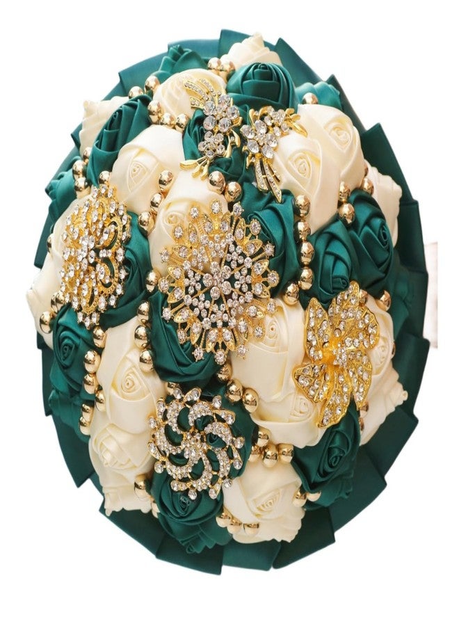 Gkvszy Emerald Green and Ivory Gold Brooch Wedding Bridal Bouquet for Bride Bridesmaid Quinceanera with Bling Rhinestone Pearl Satin Rose Flower Bouquet Wedding Emerald Green and Ivory 8.3in - Image 1