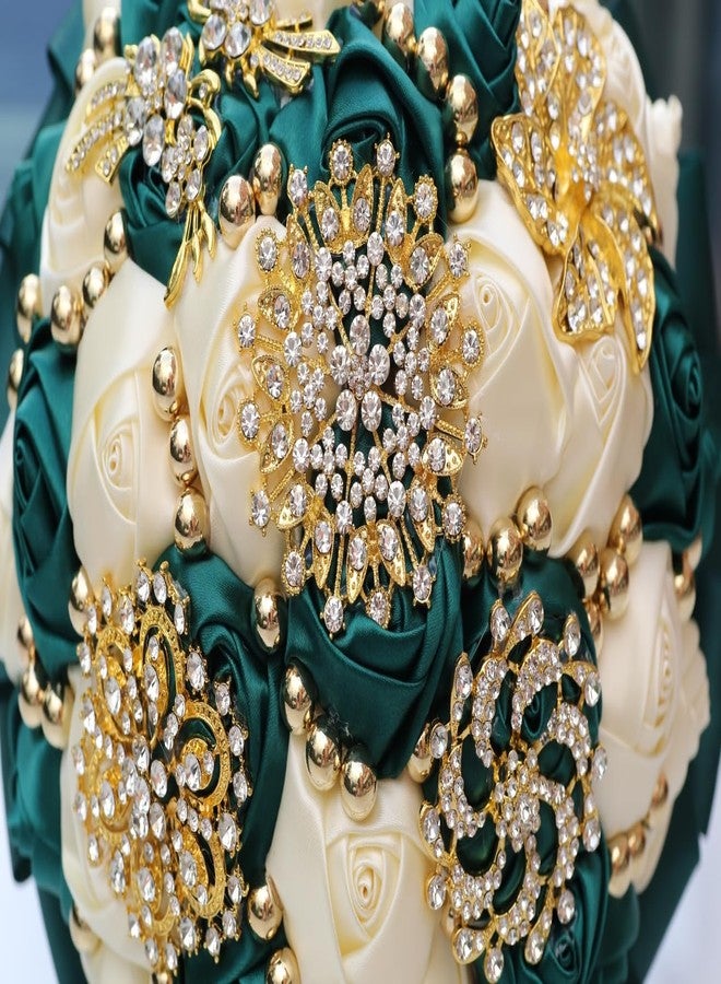 Gkvszy Emerald Green and Ivory Gold Brooch Wedding Bridal Bouquet for Bride Bridesmaid Quinceanera with Bling Rhinestone Pearl Satin Rose Flower Bouquet Wedding Emerald Green and Ivory 8.3in - Image 4
