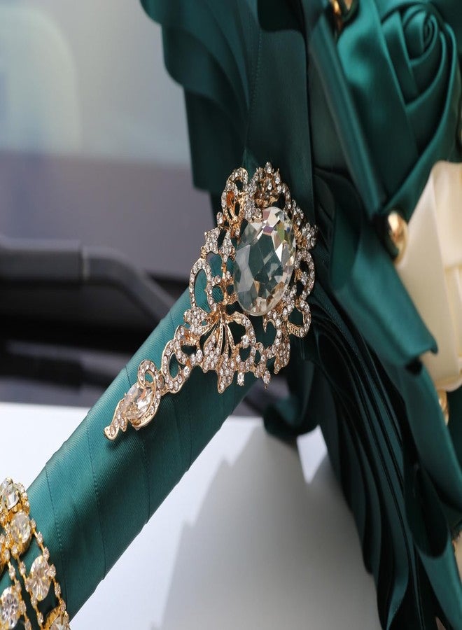 Gkvszy Emerald Green and Ivory Gold Brooch Wedding Bridal Bouquet for Bride Bridesmaid Quinceanera with Bling Rhinestone Pearl Satin Rose Flower Bouquet Wedding Emerald Green and Ivory 8.3in - Image 3