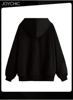 Joychic New Style Long Sleeve Zipper Pullover Hoodie Trendy Letter Pattern Autumn and Winter Warm Outwear for Women Black  - Image 2