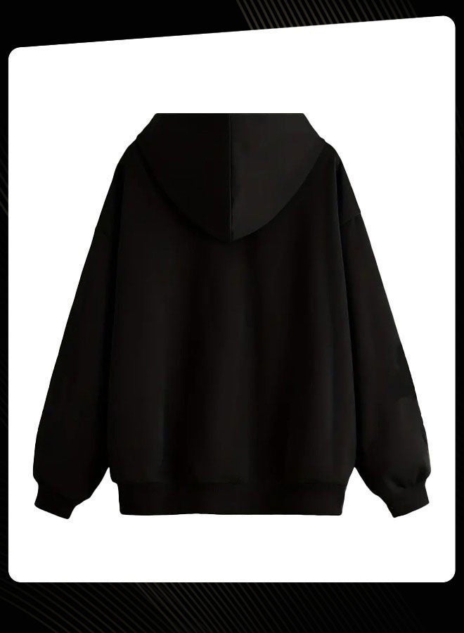 Joychic كنزة هودي بسحاب بأكمام طويلة على الطراز الجديد بنمط حروف عصرية لخريف وشتاء دافئ للنساء باللون الأسود - Image 3