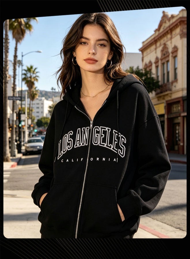 Joychic كنزة هودي بسحاب بأكمام طويلة على الطراز الجديد بنمط حروف عصرية لخريف وشتاء دافئ للنساء باللون الأسود - Image 1