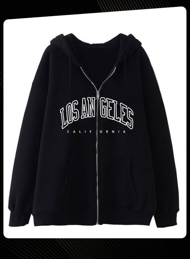 Joychic كنزة هودي بسحاب بأكمام طويلة على الطراز الجديد بنمط حروف عصرية لخريف وشتاء دافئ للنساء باللون الأسود - Image 2