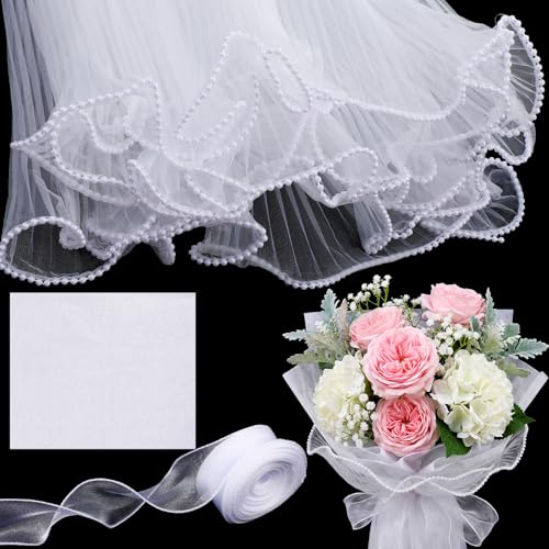 Yolev 4 Yards Pearl Mesh for Bouquets White Flower Bouquet Wrapping Paper 10 Yards White Ribbon 38 Pcs Tissue Flower Wrapping Mesh Paper for Mothers Day Party Favor Wedding Gift Packaging - Image 1