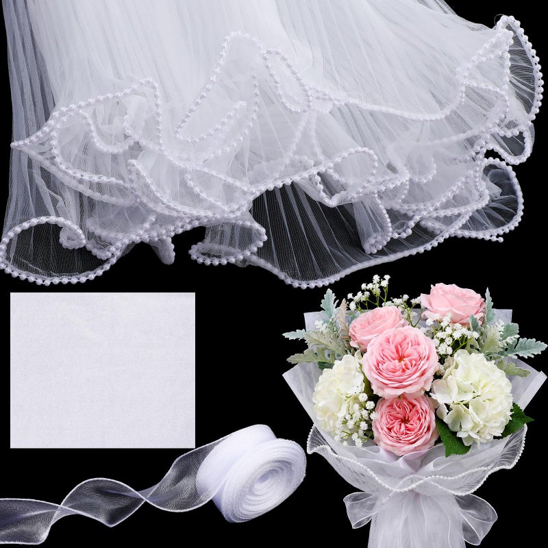 Yolev 4 Yards Pearl Mesh for Bouquets White Flower Bouquet Wrapping Paper 10 Yards White Ribbon 38 Pcs Tissue Flower Wrapping Mesh Paper for Mothers Day Party Favor Wedding Gift Packaging - Image 3