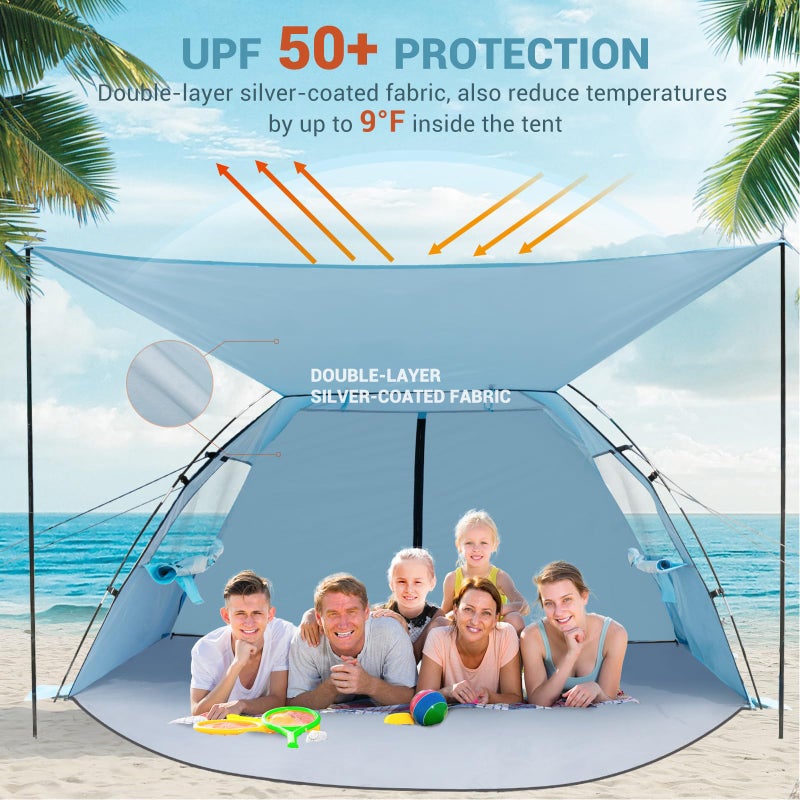 Elegear CumbreXâ„¢ Beach Tent Sun Shelter with Canopy, 6-8 Person Beach Tent, Easy Setup UPF 50+ UV Protection Portable Lightweight Double Silver Coating Cabana Sun Shade Shelter - Sky Blue - Image 4