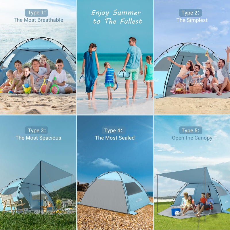 Elegear CumbreXâ„¢ Beach Tent Sun Shelter with Canopy, 6-8 Person Beach Tent, Easy Setup UPF 50+ UV Protection Portable Lightweight Double Silver Coating Cabana Sun Shade Shelter - Sky Blue - Image 5