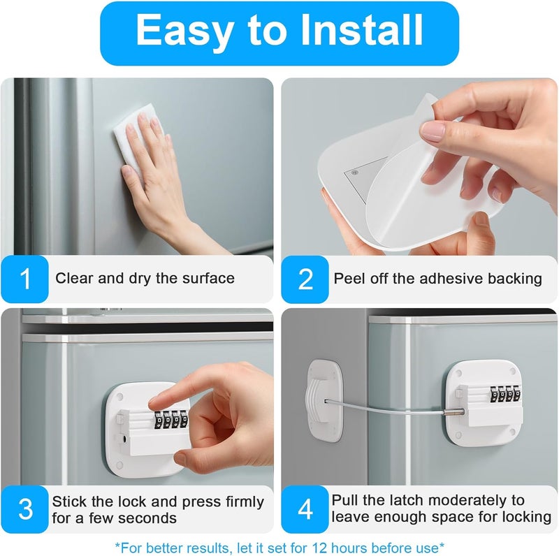 Teraves 2 Pack Fridge Lock with Combination, No Key Required, Upgrade Refrigerator Lock with Adhesive and Screws, Freezer Cabinet Pantry Drawer Latch to Keep Door Closed, for Kids Adults Cats & Dogs, White - Image 4