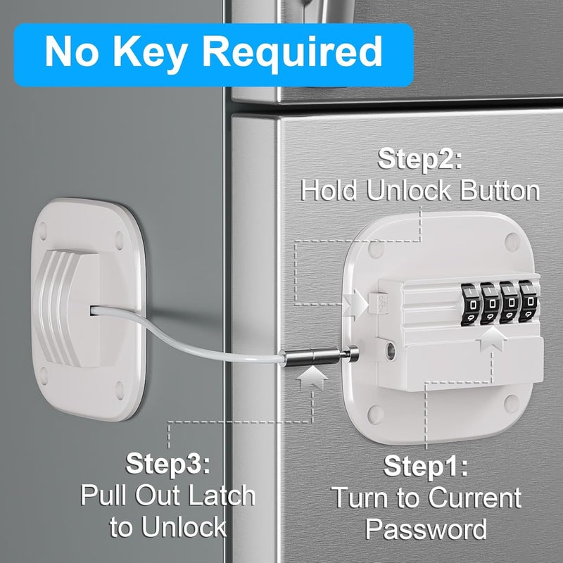 Teraves 2 Pack Fridge Lock with Combination, No Key Required, Upgrade Refrigerator Lock with Adhesive and Screws, Freezer Cabinet Pantry Drawer Latch to Keep Door Closed, for Kids Adults Cats & Dogs, White - Image 2
