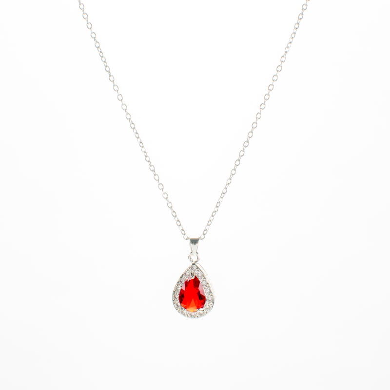 سلسلة أستانليس ستيل فضي مع دلاية شكل قطرة مياه حمراء مرصعة بفصوص الزيركون - Image 2