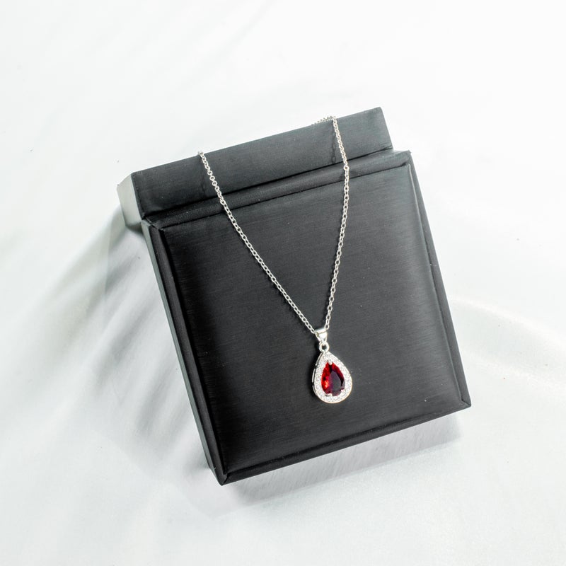 سلسلة أستانليس ستيل فضي مع دلاية شكل قطرة مياه حمراء مرصعة بفصوص الزيركون - Image 1