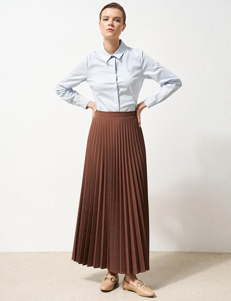 Kayra Zipped Pleated Skirt Dark Brown