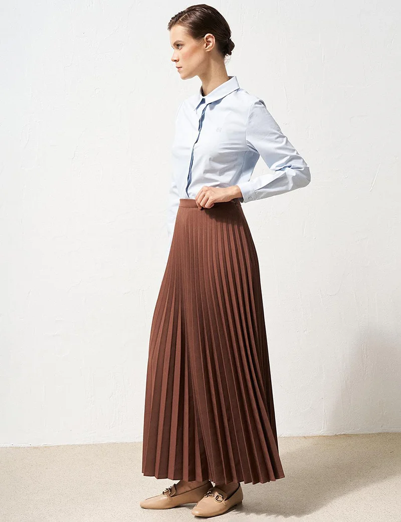 Kayra Zipped Pleated Skirt Dark Brown