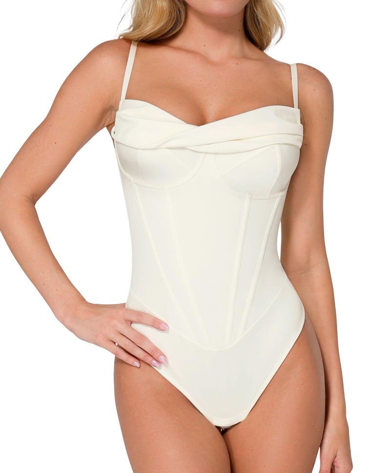 Popilush Corset Bodysuit for Women Tummy Control Cowl Neck Thong Shapewear Bodysuits Going Out Tops Beige - Image 1