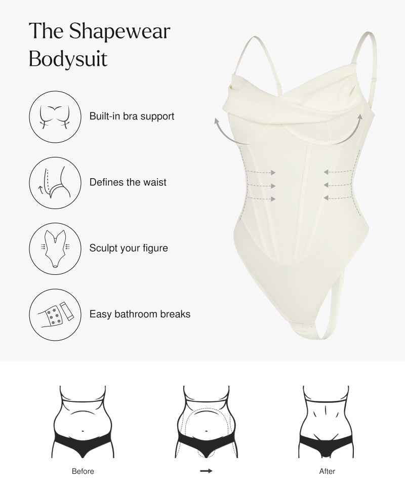 Popilush Corset Bodysuit for Women Tummy Control Cowl Neck Thong Shapewear Bodysuits Going Out Tops Beige - Image 3