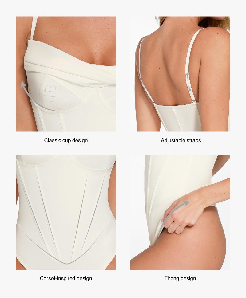 Popilush Corset Bodysuit for Women Tummy Control Cowl Neck Thong Shapewear Bodysuits Going Out Tops Beige - Image 4
