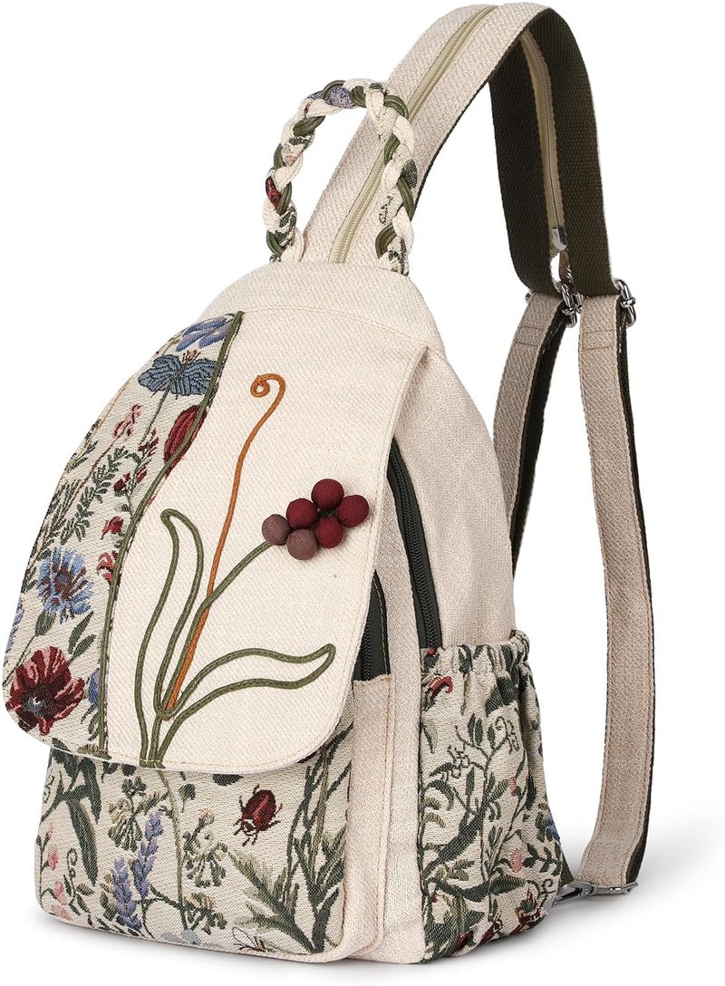 AULUDA Ladys Convertible Sling Bag, Hand Craft Artisan Purse, Beautiful Grape Flower Canvas Premium Casual Day Mini Backpack for women - Image 1