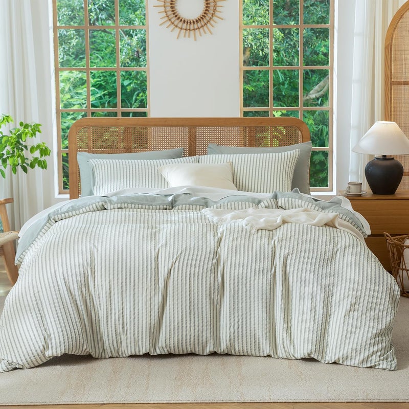 BUPIRD King Size Comforter Set Sage Green Striped 100% Soft Washed Microfiber Jacquard 3 Pieces Striped Bedding Sets Green White Comforter for All Seasons and 2 Pillowcases Comfort Breathable - Image 2