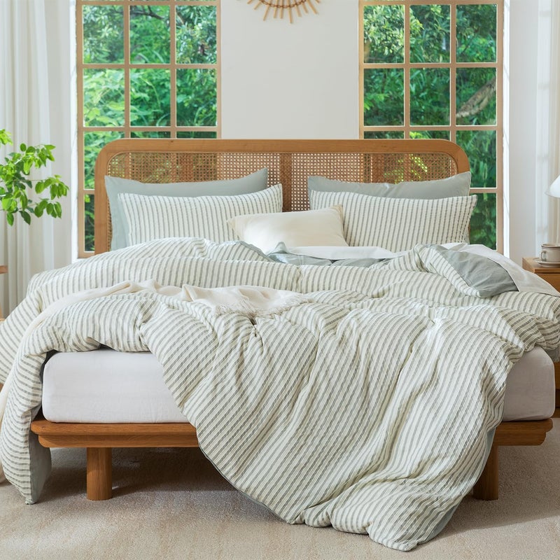 BUPIRD King Size Comforter Set Sage Green Striped 100% Soft Washed Microfiber Jacquard 3 Pieces Striped Bedding Sets Green White Comforter for All Seasons and 2 Pillowcases Comfort Breathable - Image 3