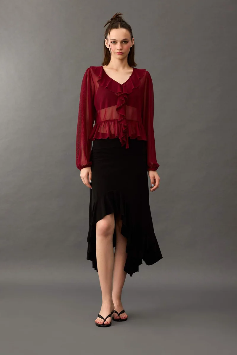 DeFacto V-Neck Chiffon Long Sleeve T-Shirt