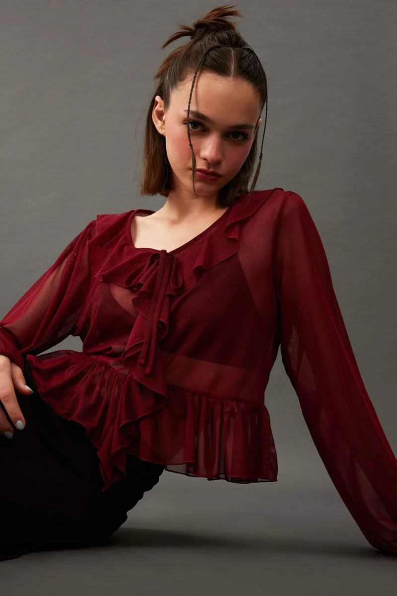 DeFacto V-Neck Chiffon Long Sleeve T-Shirt