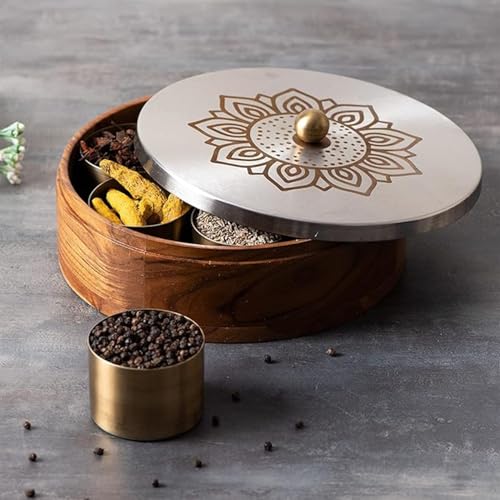 nestroots Wooden Masala Box for Kitchen | 9-Inch Spice Organizer with 7 Stainless Steel Jars | Anjarai Petti/Masala Dani for Spices, Dry Fruits & Cereals | Laser Silver Finish - Image 1