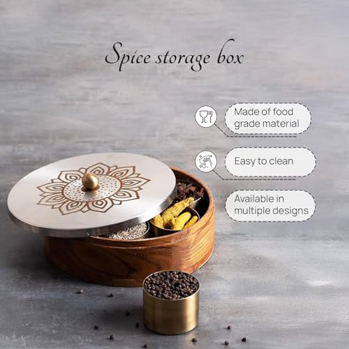 nestroots Wooden Masala Box for Kitchen | 9-Inch Spice Organizer with 7 Stainless Steel Jars | Anjarai Petti/Masala Dani for Spices, Dry Fruits & Cereals | Laser Silver Finish - Image 4