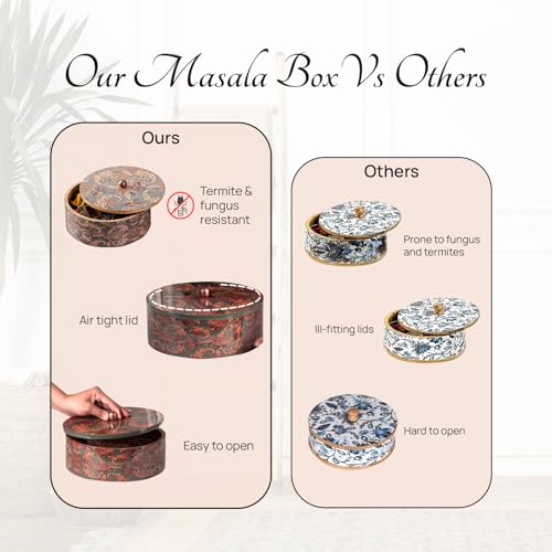 nestroots Wooden Masala Box for Kitchen | 9-Inch Spice Organizer with 7 Stainless Steel Jars | Anjarai Petti/Masala Dani for Spices, Dry Fruits & Cereals | Laser Silver Finish - Image 5