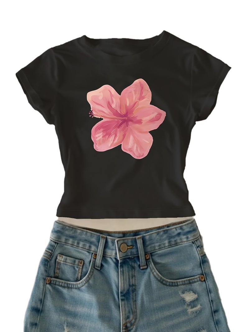 00008 - Women's Casual Top with Large Petal Print, Girly Heart, Ins - Style American Fashion, Versatile T - Shirt, New Summer Trendy Short Sleeve - CC73 - Black / XS - Image 1