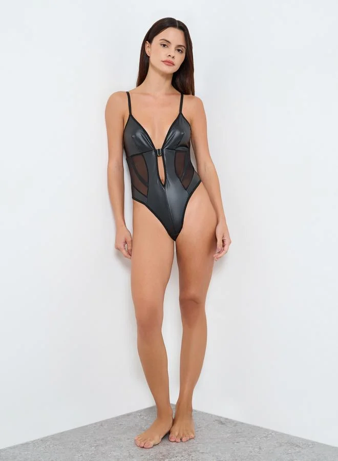 Take Two Sleek Black Faux Leather Mesh Bodysuit