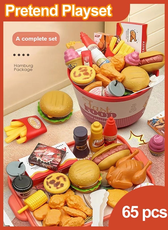 Pretend Play Fast Food Set,82 PcsTableware Fast Food Pretend Play Set,Pretend Play Food Set for Kids Kitchen,Fast Food Play Set with Storage Bucket, Pizza, Burger, Ice Cream, Hot Dog,Play Kitchen Accessories Role Play Toys Educational Birthday Toy Gift for Boys Girl - Image 1