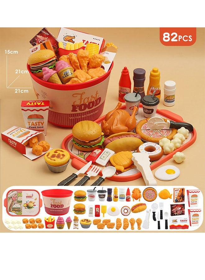 Pretend Play Fast Food Set,82 PcsTableware Fast Food Pretend Play Set,Pretend Play Food Set for Kids Kitchen,Fast Food Play Set with Storage Bucket, Pizza, Burger, Ice Cream, Hot Dog,Play Kitchen Accessories Role Play Toys Educational Birthday Toy Gift for Boys Girl - Image 2