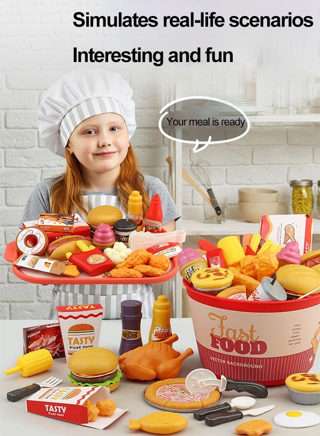 Pretend Play Fast Food Set,82 PcsTableware Fast Food Pretend Play Set,Pretend Play Food Set for Kids Kitchen,Fast Food Play Set with Storage Bucket, Pizza, Burger, Ice Cream, Hot Dog,Play Kitchen Accessories Role Play Toys Educational Birthday Toy Gift for Boys Girl - Image 3