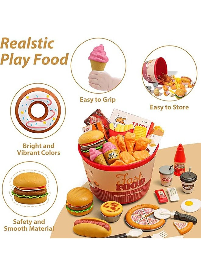 Pretend Play Fast Food Set,82 PcsTableware Fast Food Pretend Play Set,Pretend Play Food Set for Kids Kitchen,Fast Food Play Set with Storage Bucket, Pizza, Burger, Ice Cream, Hot Dog,Play Kitchen Accessories Role Play Toys Educational Birthday Toy Gift for Boys Girl - Image 5