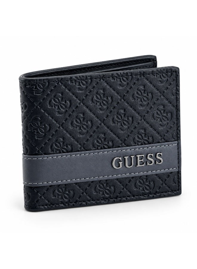 جس محفظة رجالية من GUESS بتصميم ماسي مبطن، مزينة بشعار 4G، قابلة للطي، مصنوعة من الجلد مع شريط معدني يحمل الشعار - أسود - Image 1