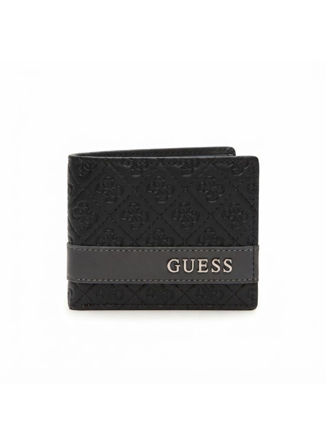 جس محفظة رجالية من GUESS بتصميم ماسي مبطن، مزينة بشعار 4G، قابلة للطي، مصنوعة من الجلد مع شريط معدني يحمل الشعار - أسود - Image 2