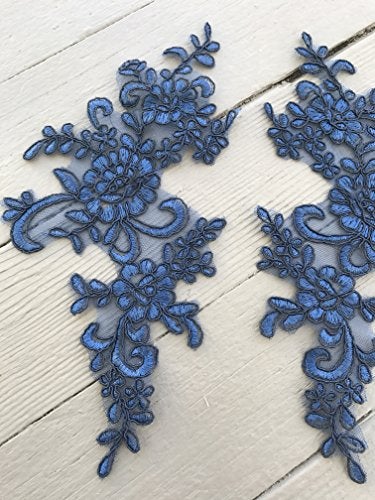lynncollection A129 Two Pairs Navy Blue Color Lace Appliques,Wedding Applique, Lace Appliques, Embroidered Appliques - Image 2