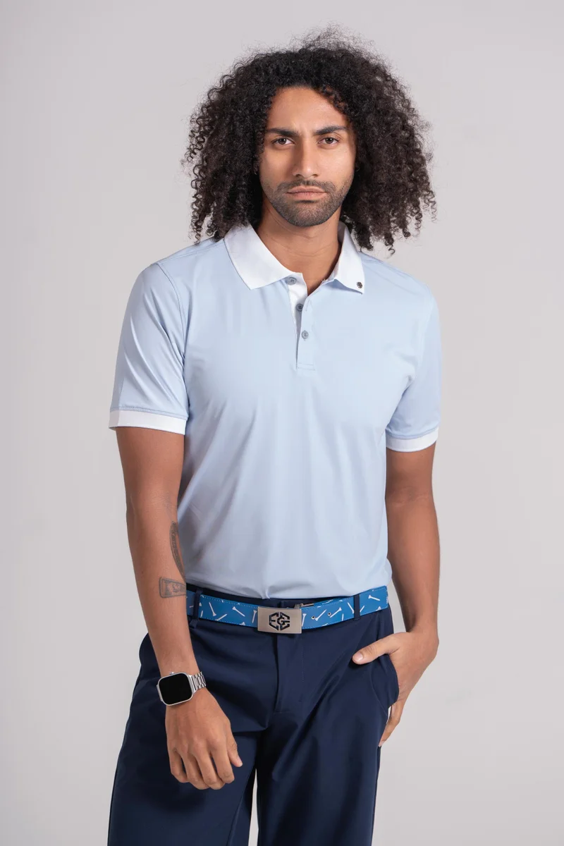 إي جي إل EGL Men's Golf Polo T-Shirt - Light Blue, White Collar - Short Sleeve - Athletic Fit