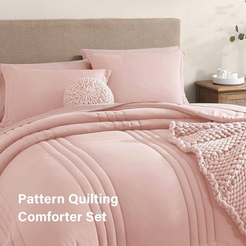 Monbix Twin XL Comforter,Twin XL Bedding Set 5 Pieces, All Seasons Comforters,Quilting Design Fluffy Bed Set Warm Twin XL Comforter Set with Sheets(Light Pink, Twin XL, 66"x90") - Image 3